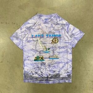 Vintage 1993 Lake Tahoe California Destination Map AOP T-Shirt Size L